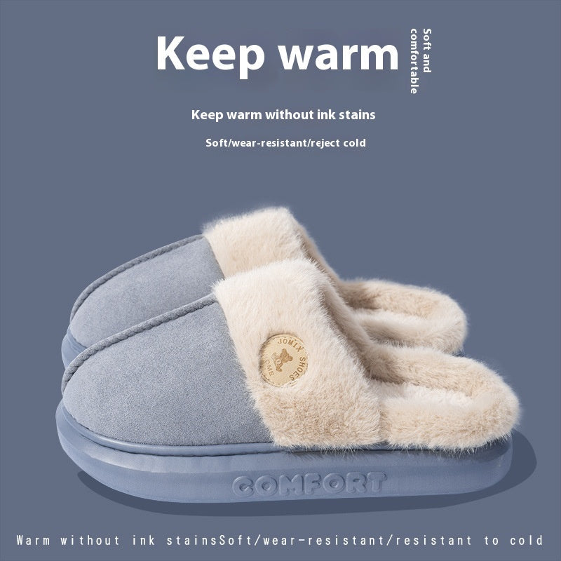 Gray slipper with beige fur lining on a blue background, featuring text about warmth and comfort.