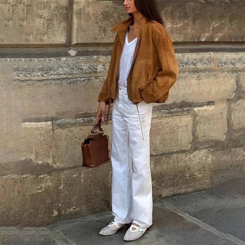 Retro Solid Color Polyester Jacket - Loose Fit