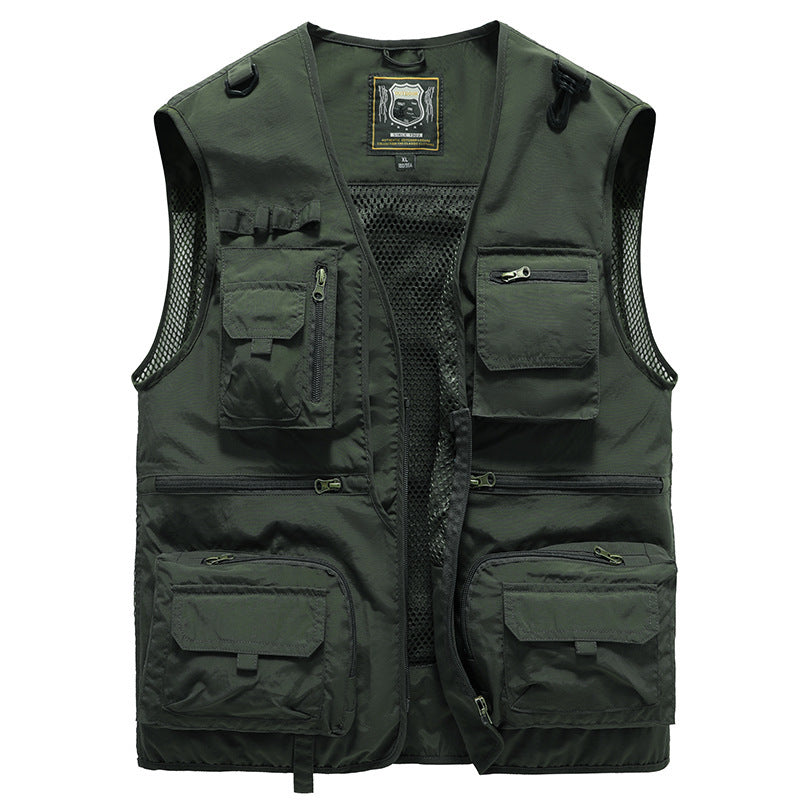 Green vest with multiple pockets and a brand logo on a white background