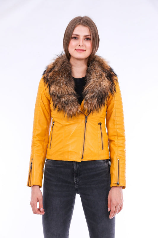 Cana Yellow Quilted Leather Biker Jacket - Women's Genuine Nappa Lambskin - Style Queenz