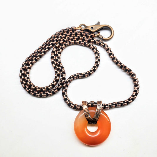 Carnelian Donut Pendant Necklace - Handcrafted Copper Chain - Style Queenz