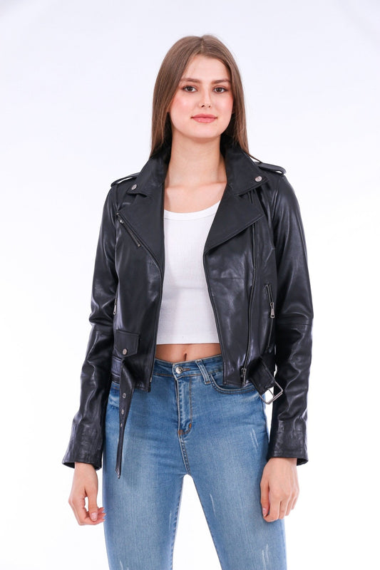 Castelli Black Leather Biker Jacket - Women's Genuine Sheepskin - Style Queenz