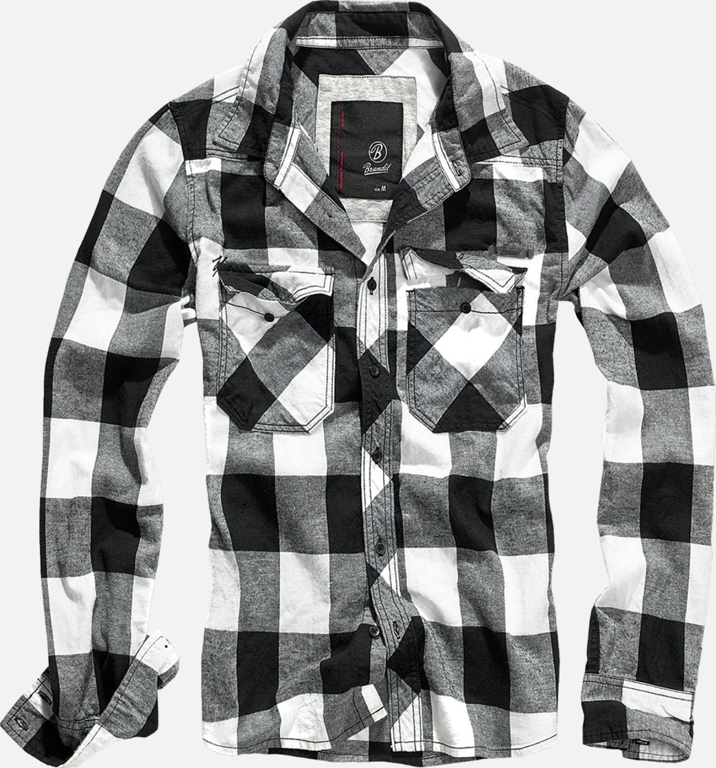 Black and white checkered shirt with a brand label on a light gray background
