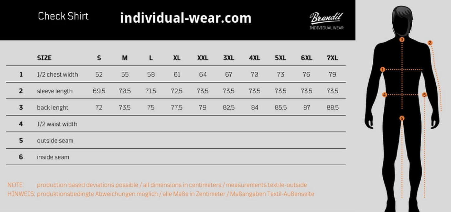 Measurement chart for check shirts with size guide and mannequin illustration on a white background.