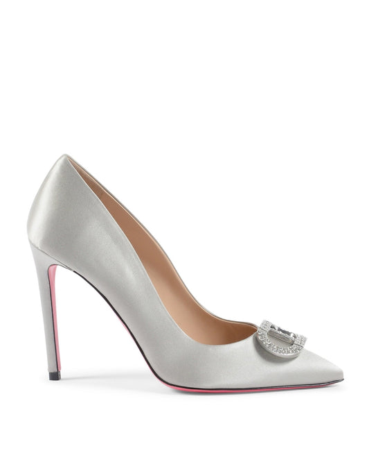 Cindarella Satin Pump Grey - Italian Luxury Crystal Logo Heels - Style Queenz