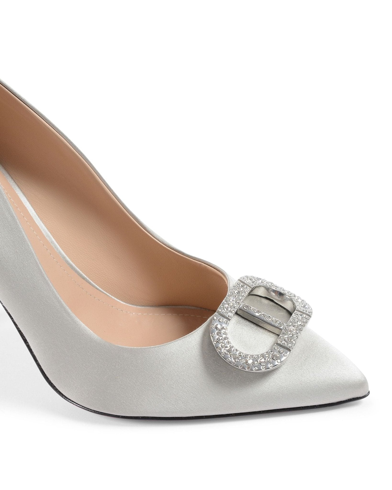 Cindarella Satin Pump Grey - Italian Luxury Crystal Logo Heels - Style Queenz