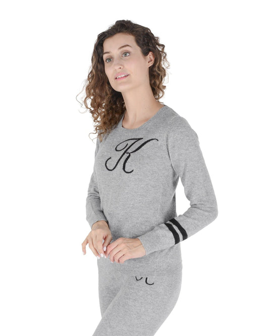Crown of Edinburgh Cashmere Crew Neck Sweater - Stockbridge Grey with Letter K - Style Queenz