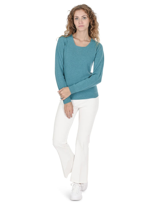 Crown of Edinburgh Cashmere Women's Square Neck Sweater - Turquoise Italian Made - Style Queenz