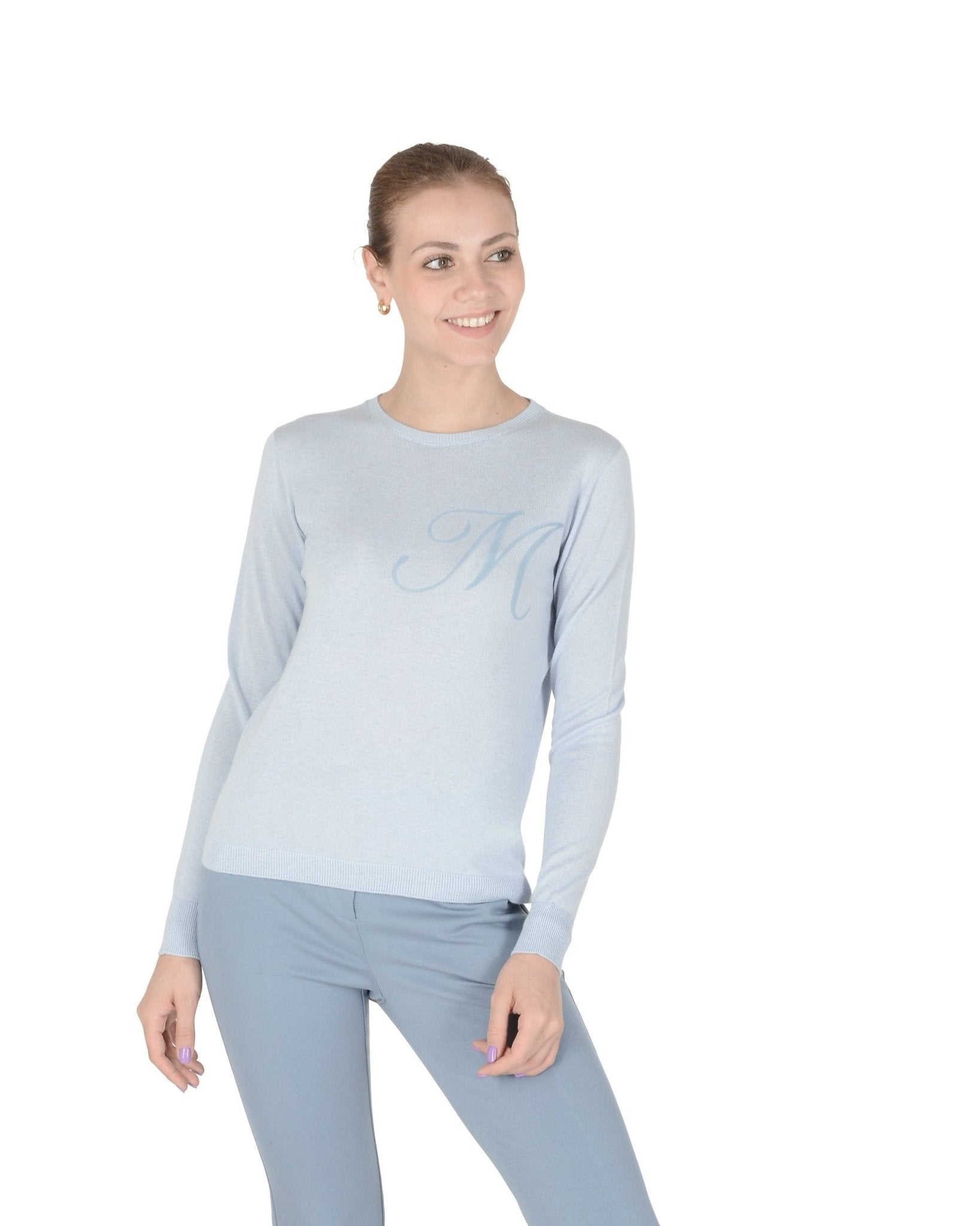 Crown of Edinburgh Light Blue Silk Cashmere Sweater - Letter M - 55% Silk 45% Cashmere - Made in Italy - Style Queenz
