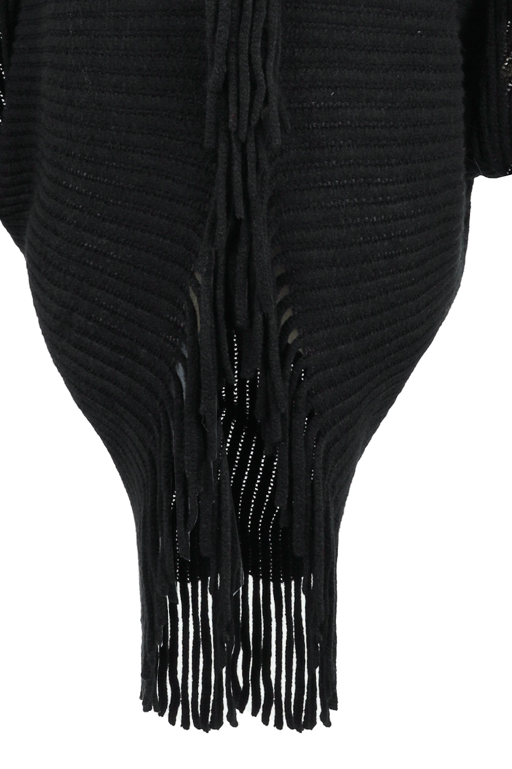 Black ribbed sweater with fringe details on a white background