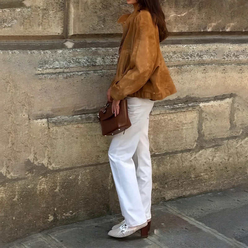 Retro Solid Color Polyester Jacket - Loose Fit