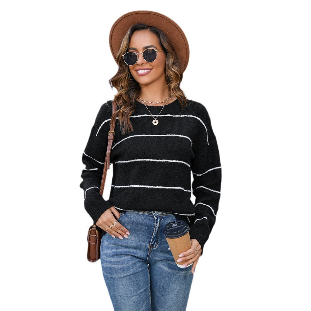 Women's Striped Round Neck Pullover Sweater