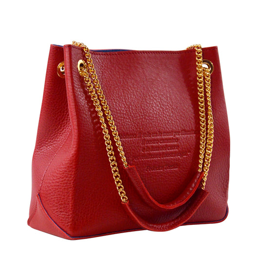 Red handbag with gold chain handle on a white background
