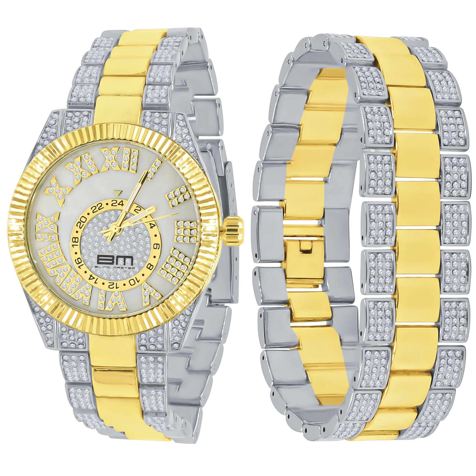 Two-tone gold and silver watch with detailed face and band on a white background