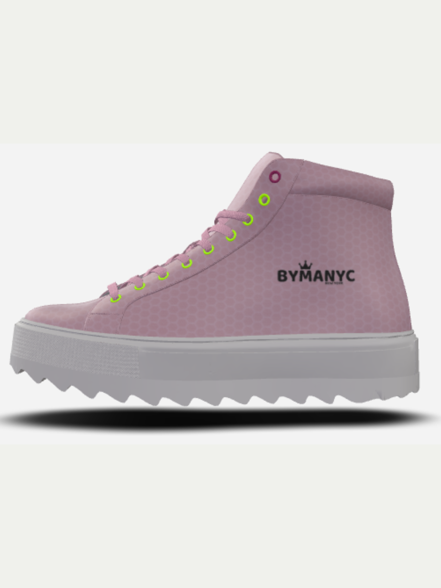 Pink high-top sneaker with white sole on a white background