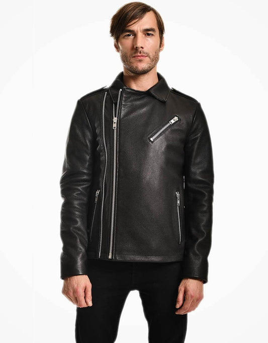 Man wearing a black leather jacket on a white background