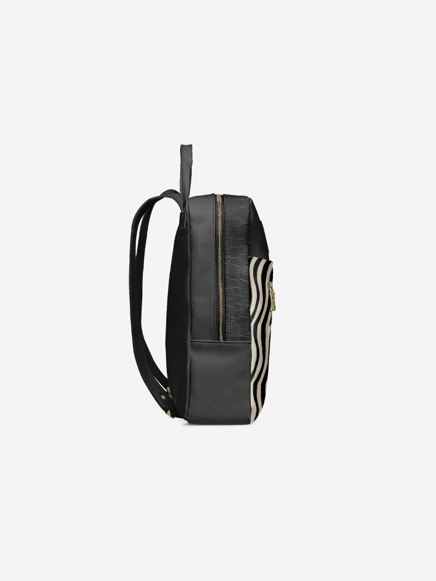 Black backpack with zebra pattern on a white background