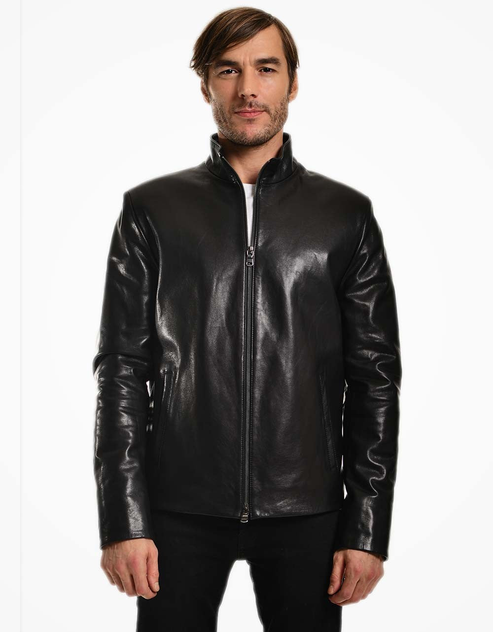 Man wearing a black leather jacket on a white background