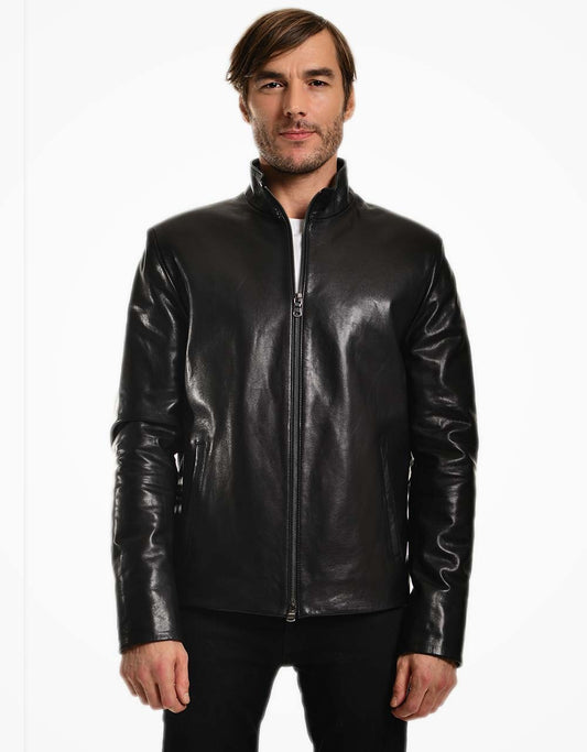 Man wearing a black leather jacket on a white background