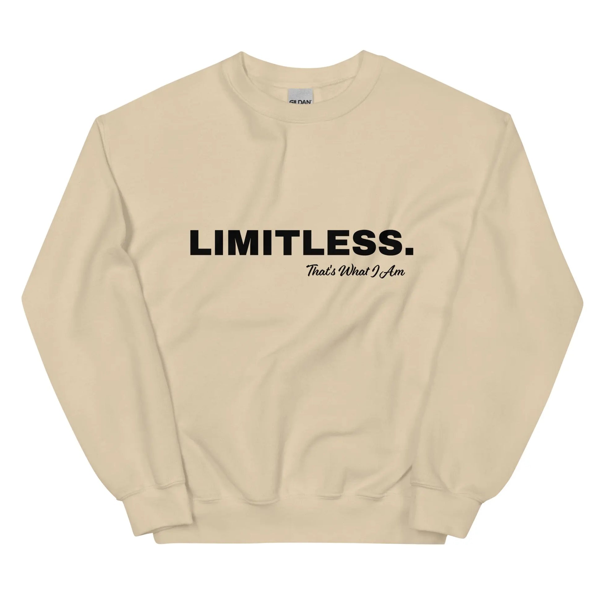 Beige sweatshirt with 'LIMITLESS. That's What I Am' text on a white background