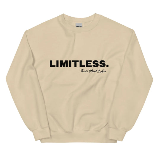 Beige sweatshirt with 'LIMITLESS. That's What I Am' text on a white background