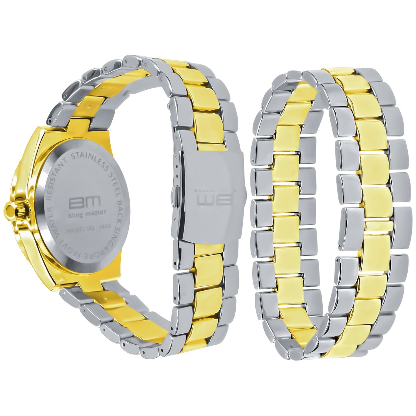 Two-tone silver and yellow watch band on a white background