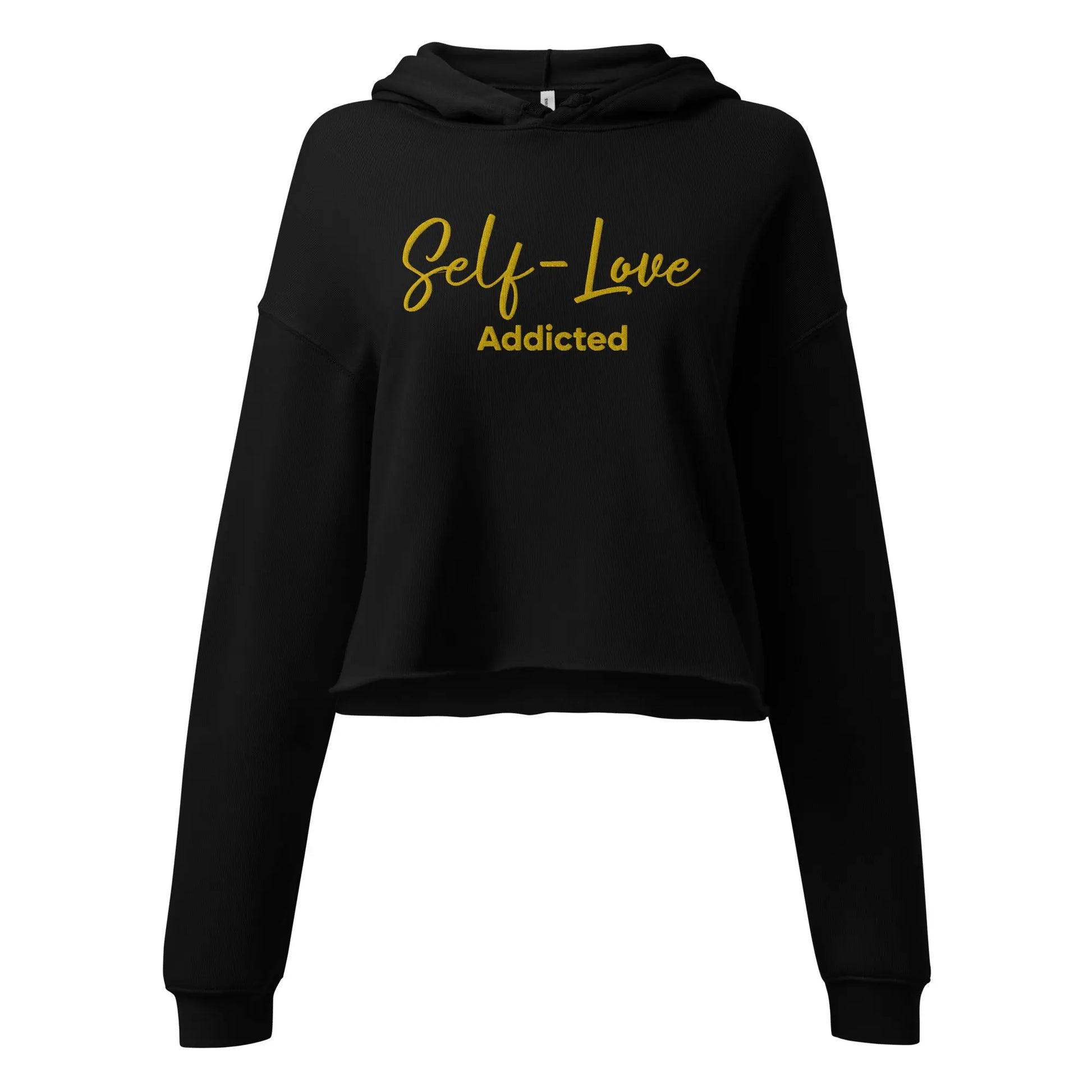 Black hoodie with 'Self-Love Addicted' text in yellow on a white background