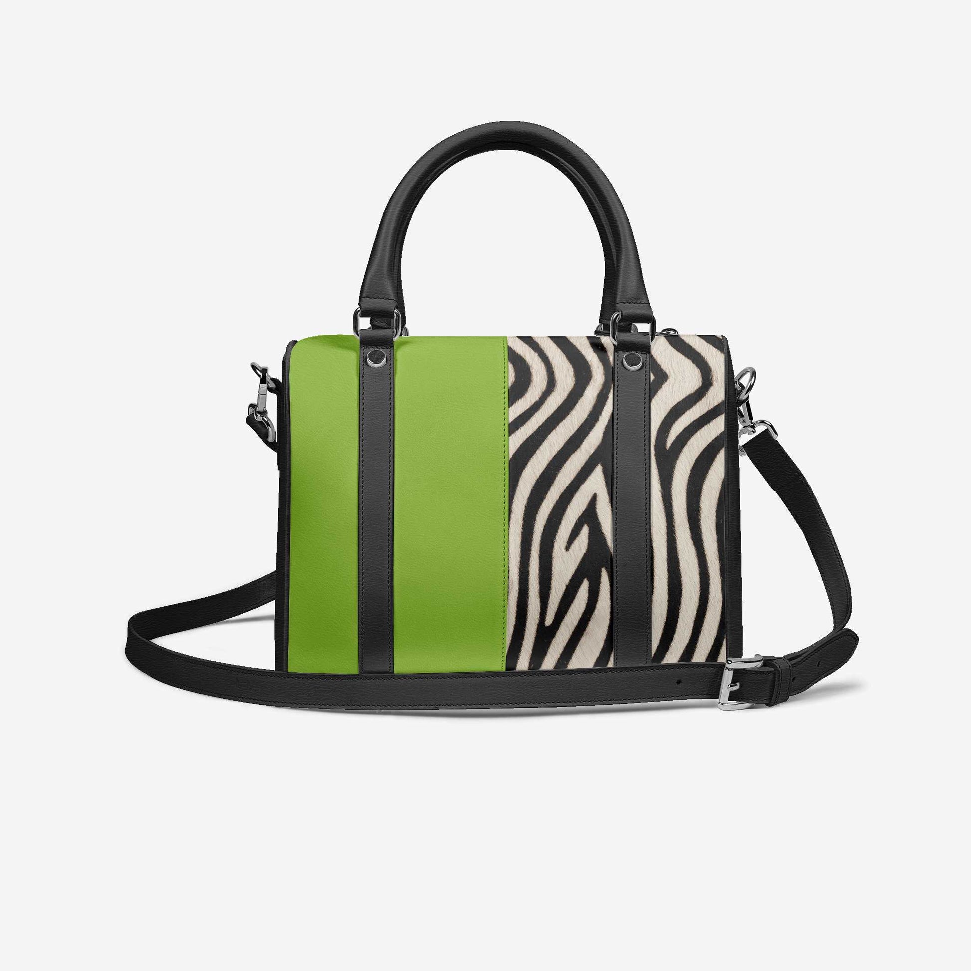 Handbag with green and zebra pattern design on a white background