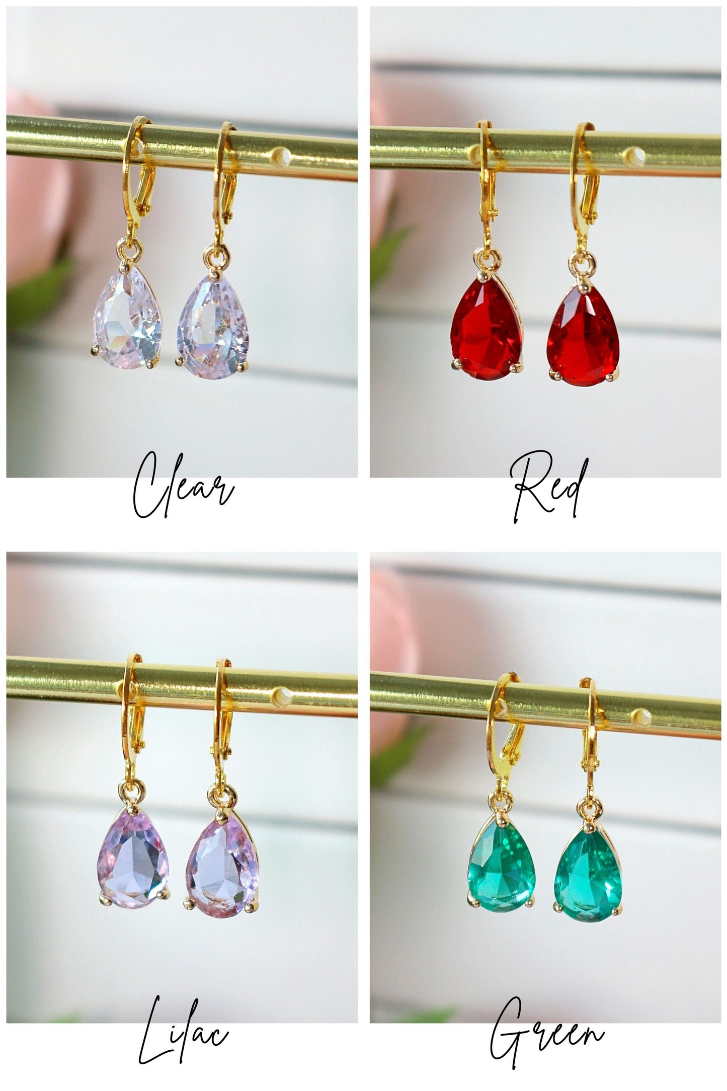 Collage of gold teardrop earrings with clear, red, lilac, and green gemstones.