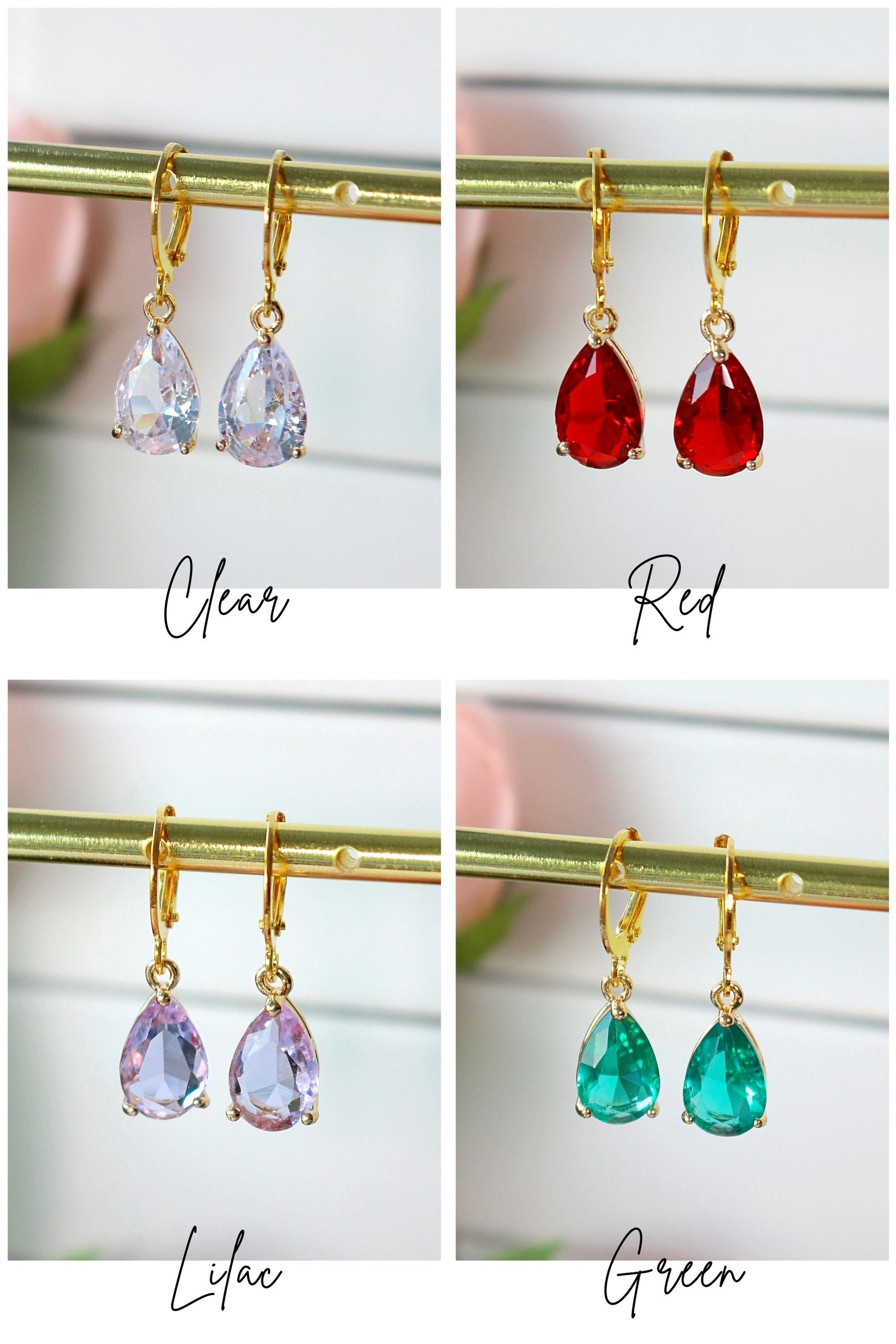 Collage of gold teardrop earrings with clear, red, lilac, and green gemstones.
