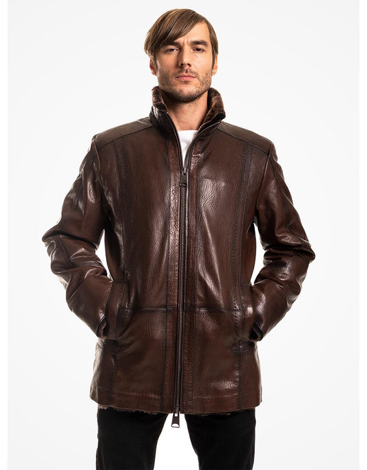 Man wearing a brown leather jacket on a white background