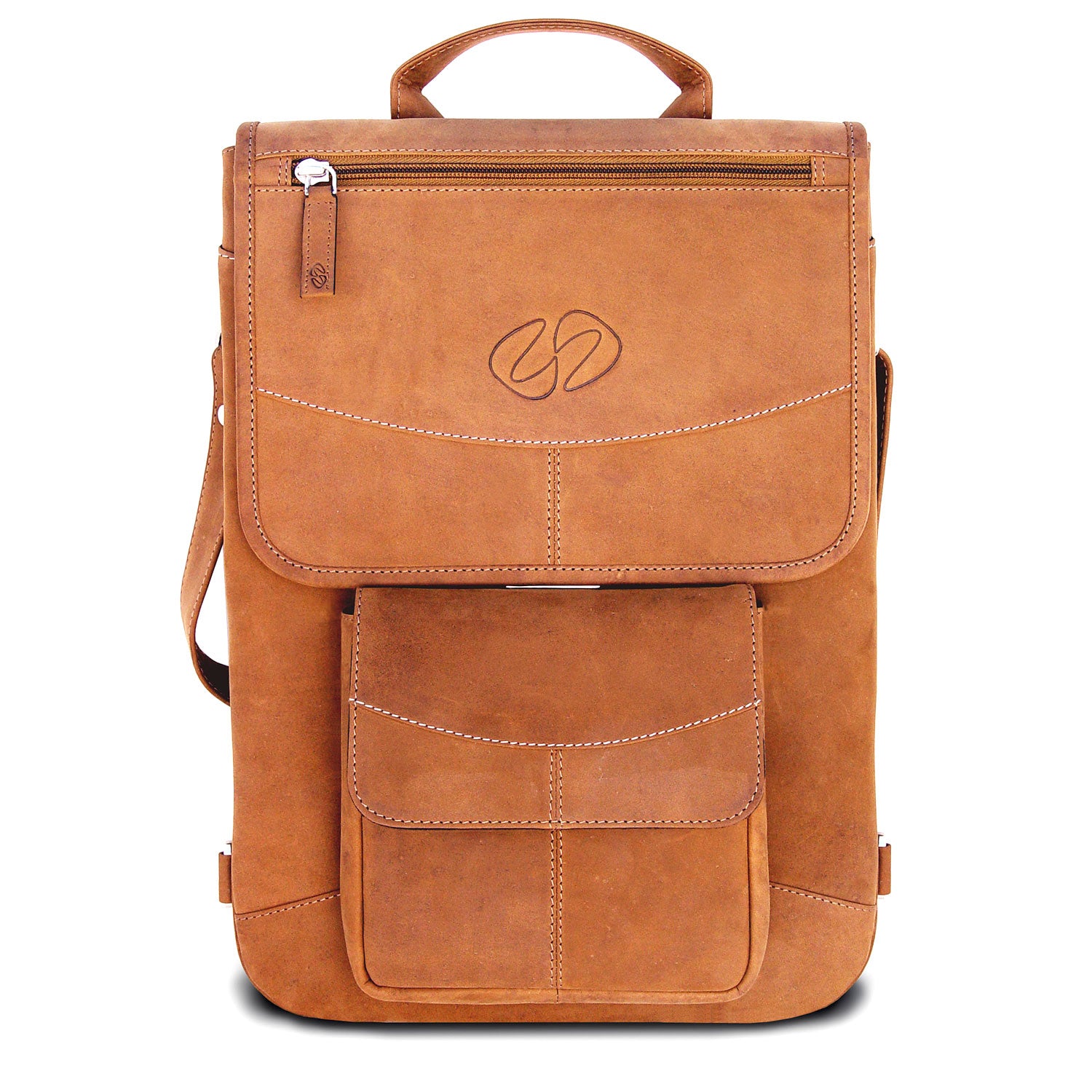 Brown leather backpack with a visible brand logo on a white background