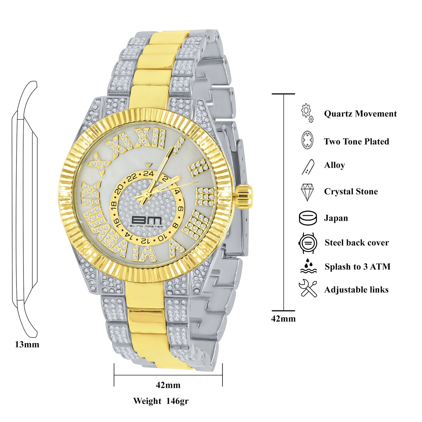 Two-tone watch with gold and silver band on a white background, featuring technical specifications.