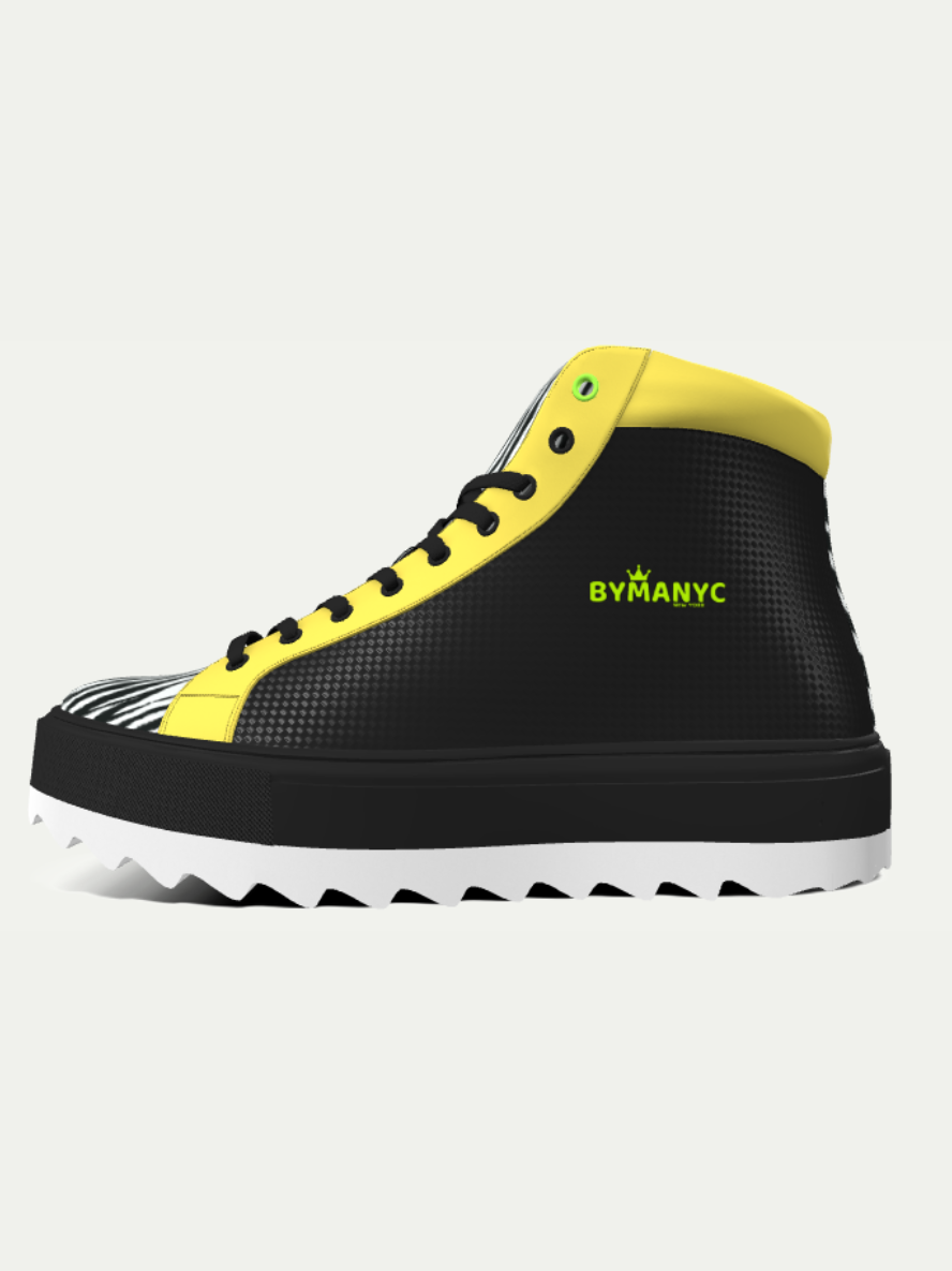 Black and yellow sneaker with 'BYMANYC' branding on a white background