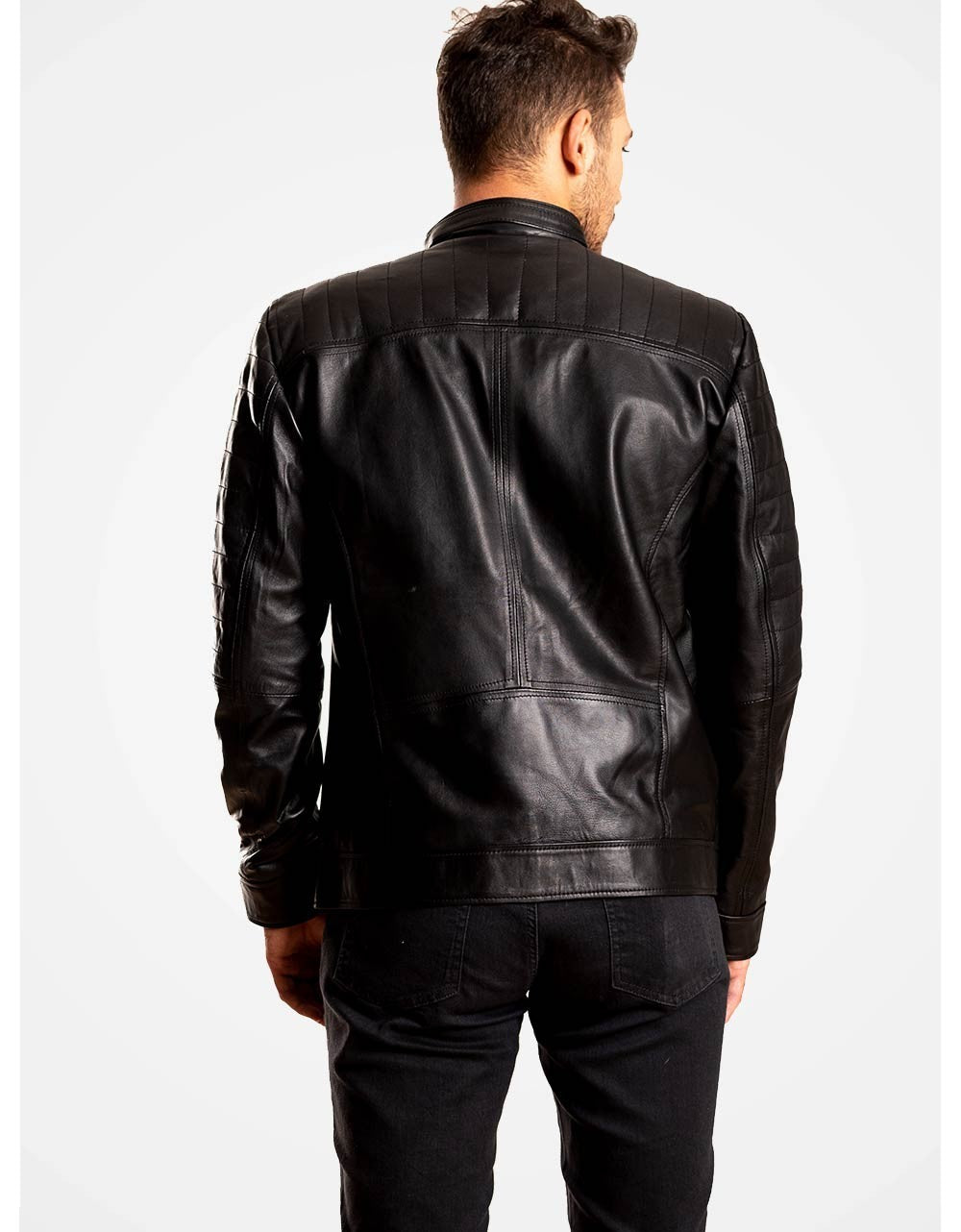 Man wearing a black leather jacket on a white background