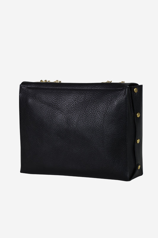 Black leather clutch bag with gold studs on a white background