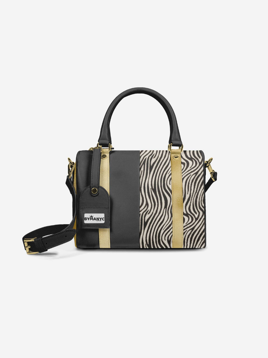 Handbag with zebra pattern and black strap on a white background