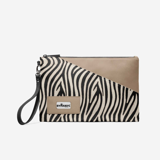 Clutch bag with zebra pattern and beige accents on a white background