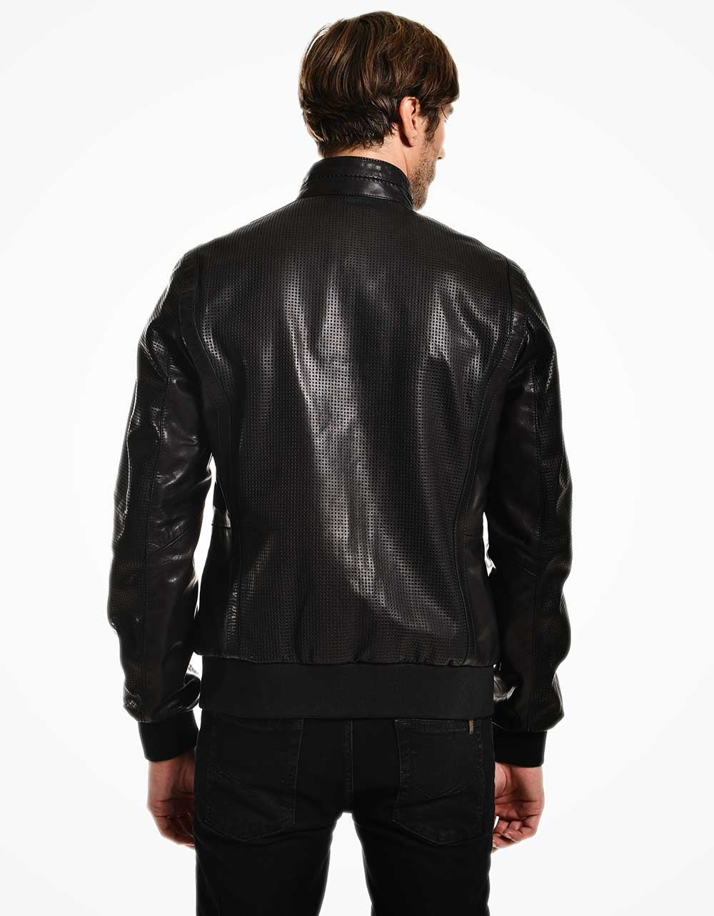 Man wearing a black leather jacket on a white background