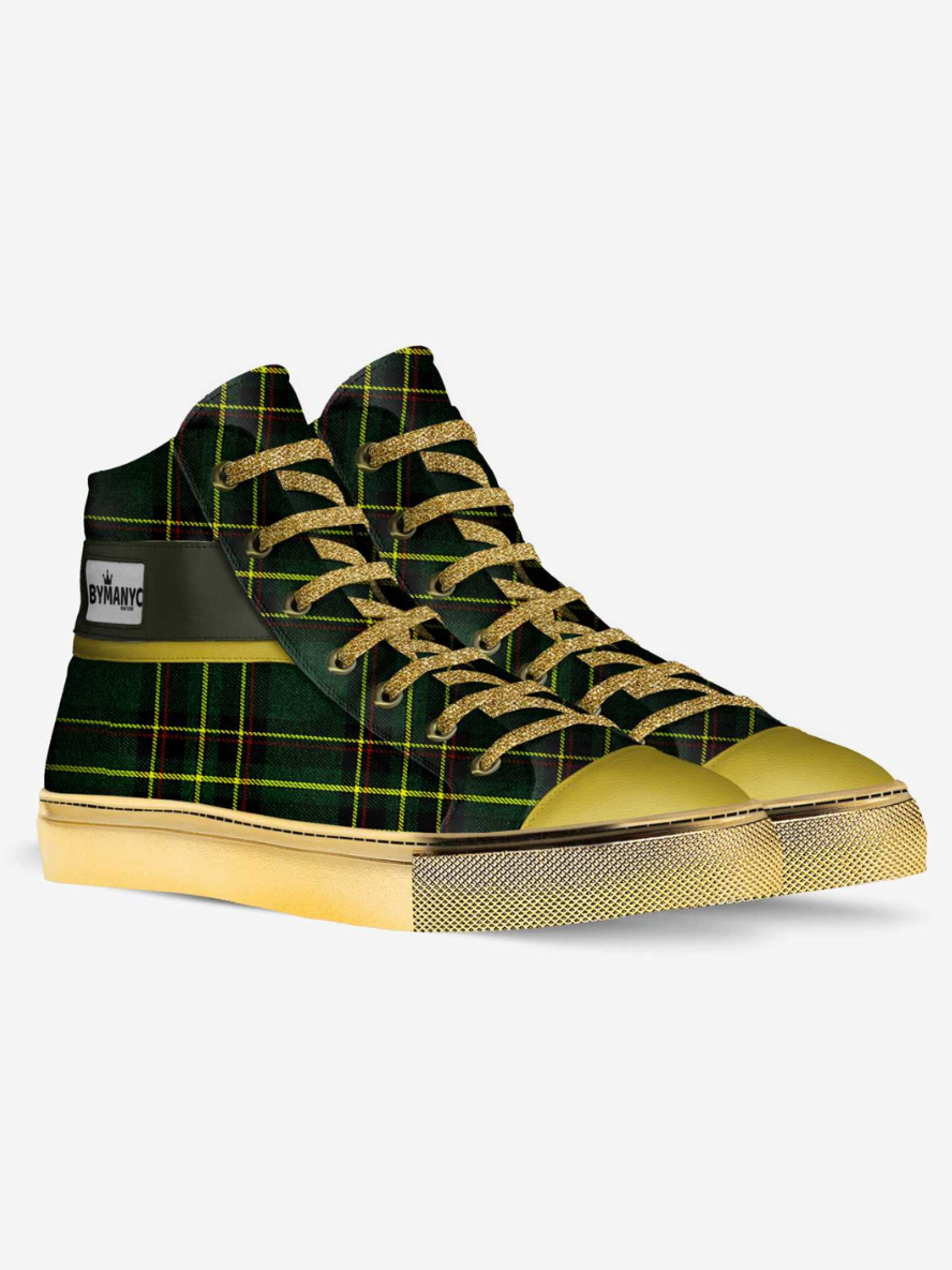Green and yellow plaid high-top sneakers with gold laces on a white background