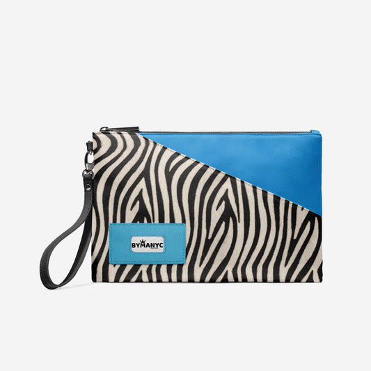 Zebra print pouch with blue accents and a visible brand label on a white background