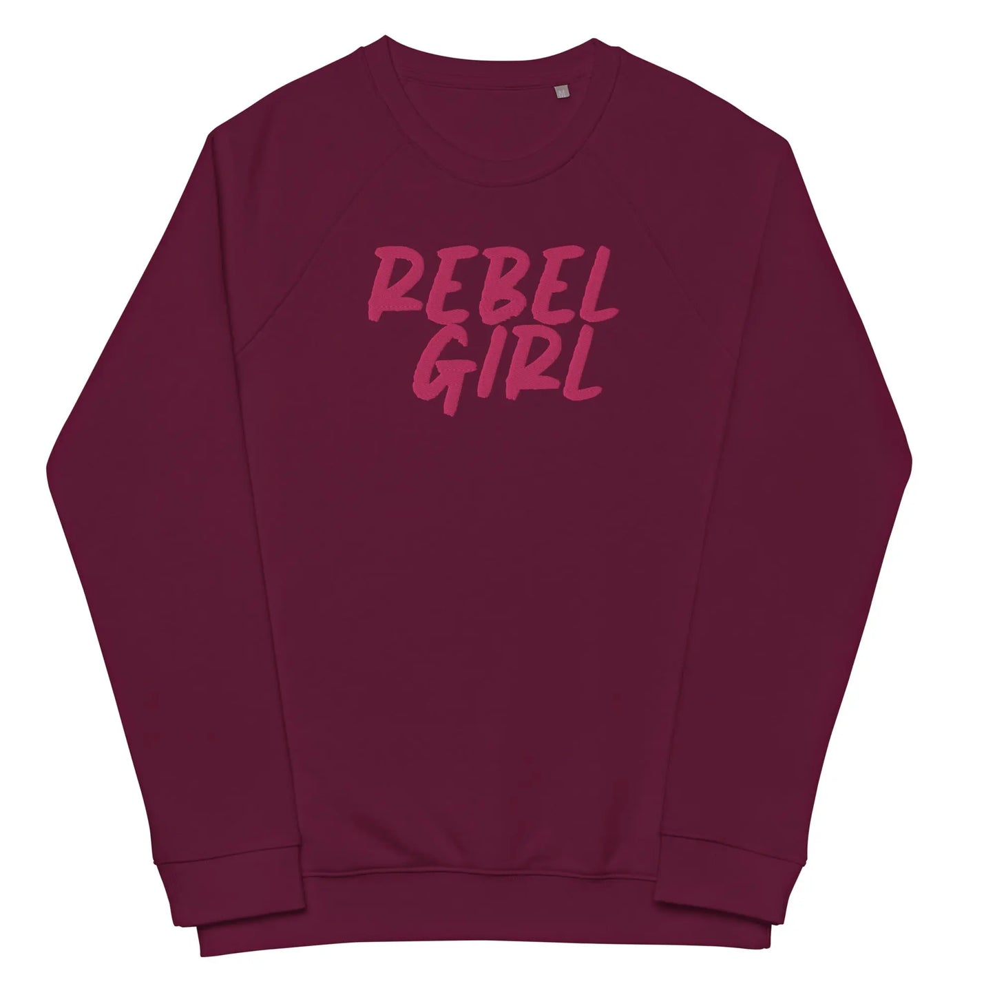 Maroon sweatshirt with 'REBEL GIRL' text in pink on a white background