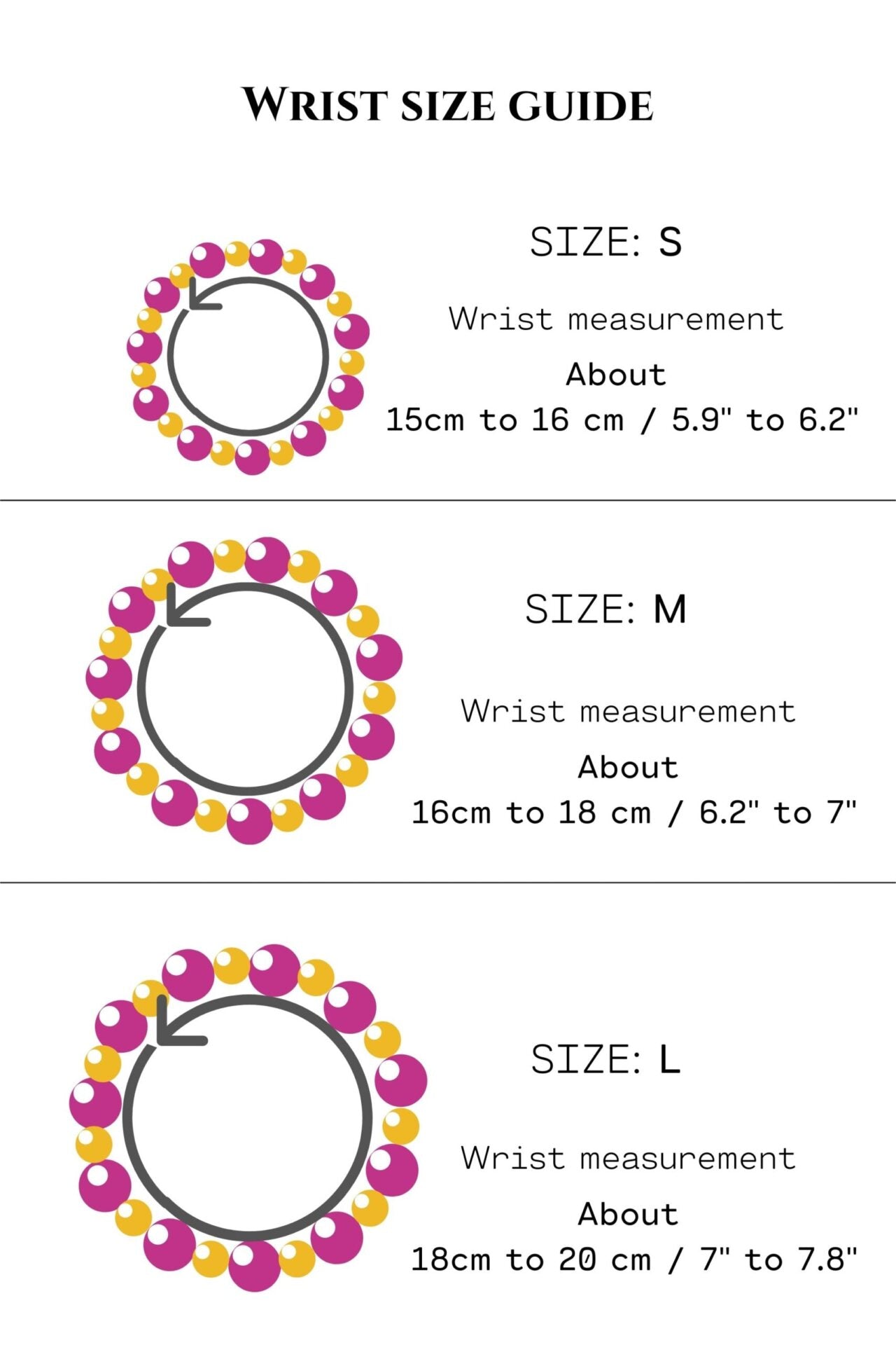 Wrist size guide with colorful bracelets for S, M, and L sizes on a white background.