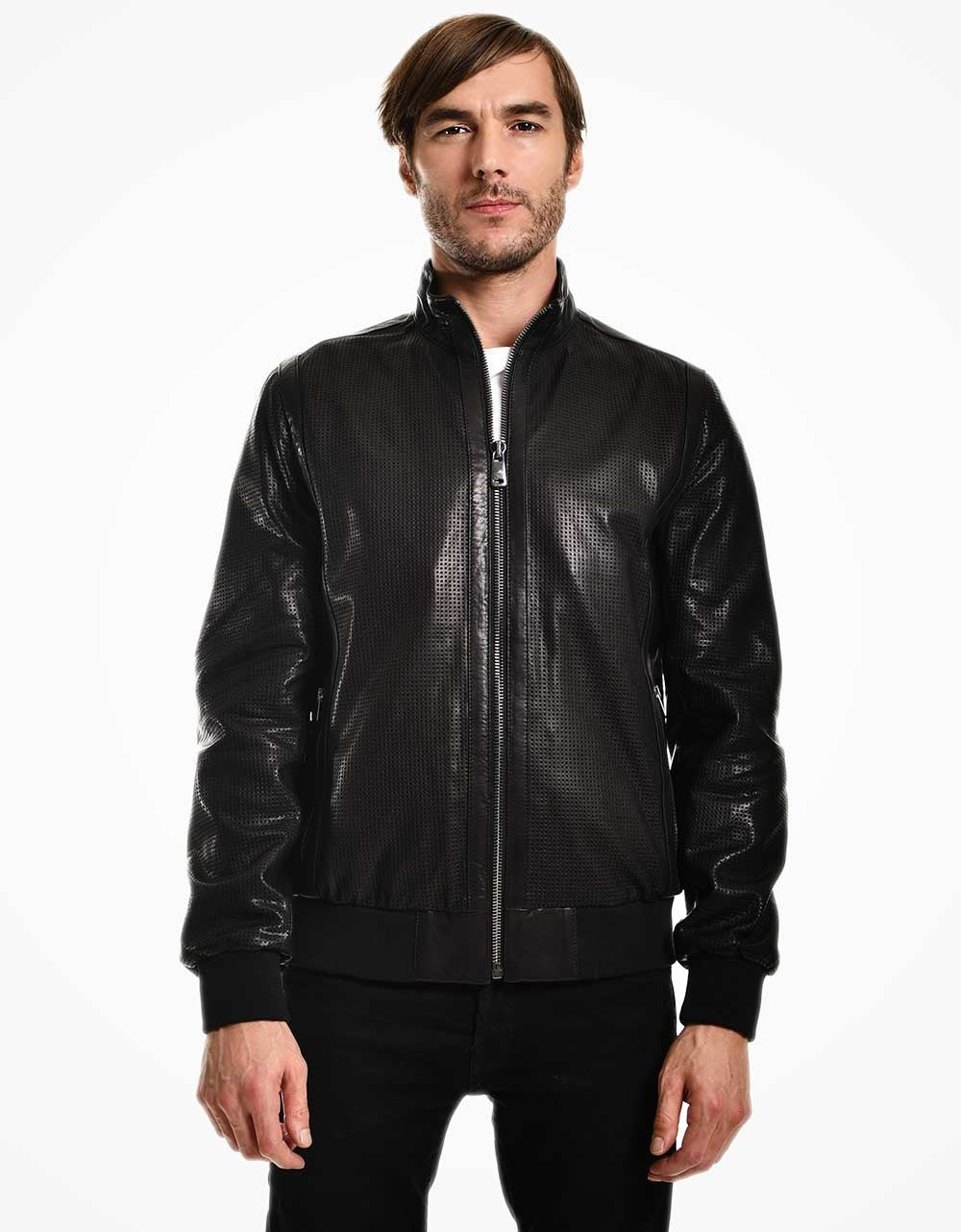 Man wearing a black leather jacket on a white background