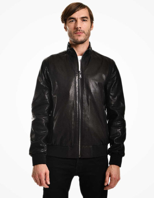 Man wearing a black leather jacket on a white background