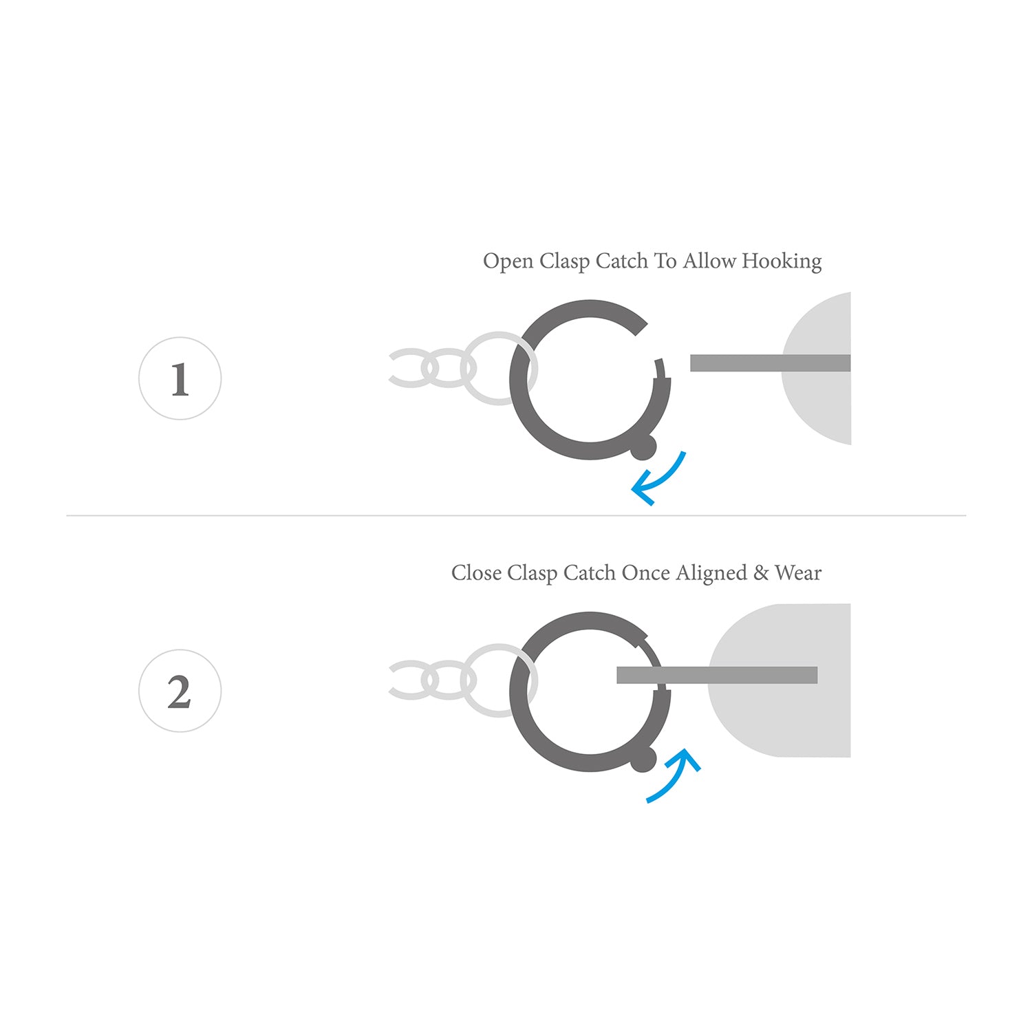 Step-by-step guide on how to use a clasp with arrows indicating actions.