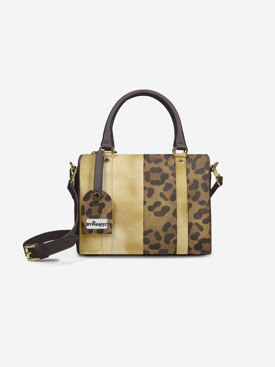 Leopard print handbag with a strap on a white background
