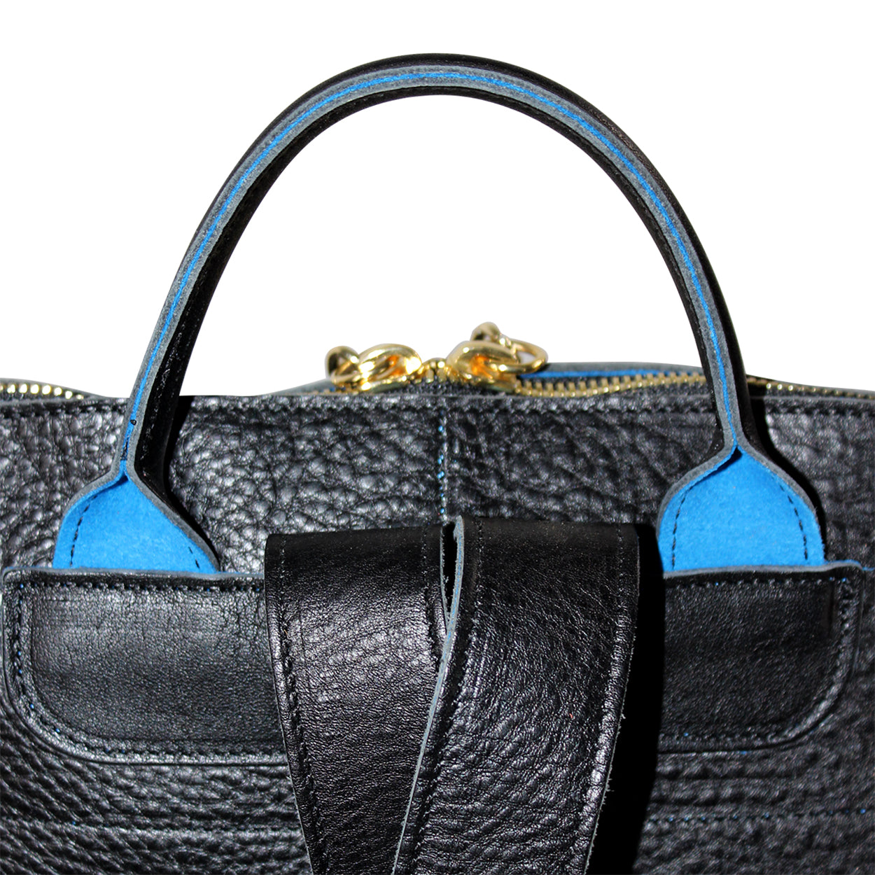 Black textured handbag with blue accents and gold zipper on a white background