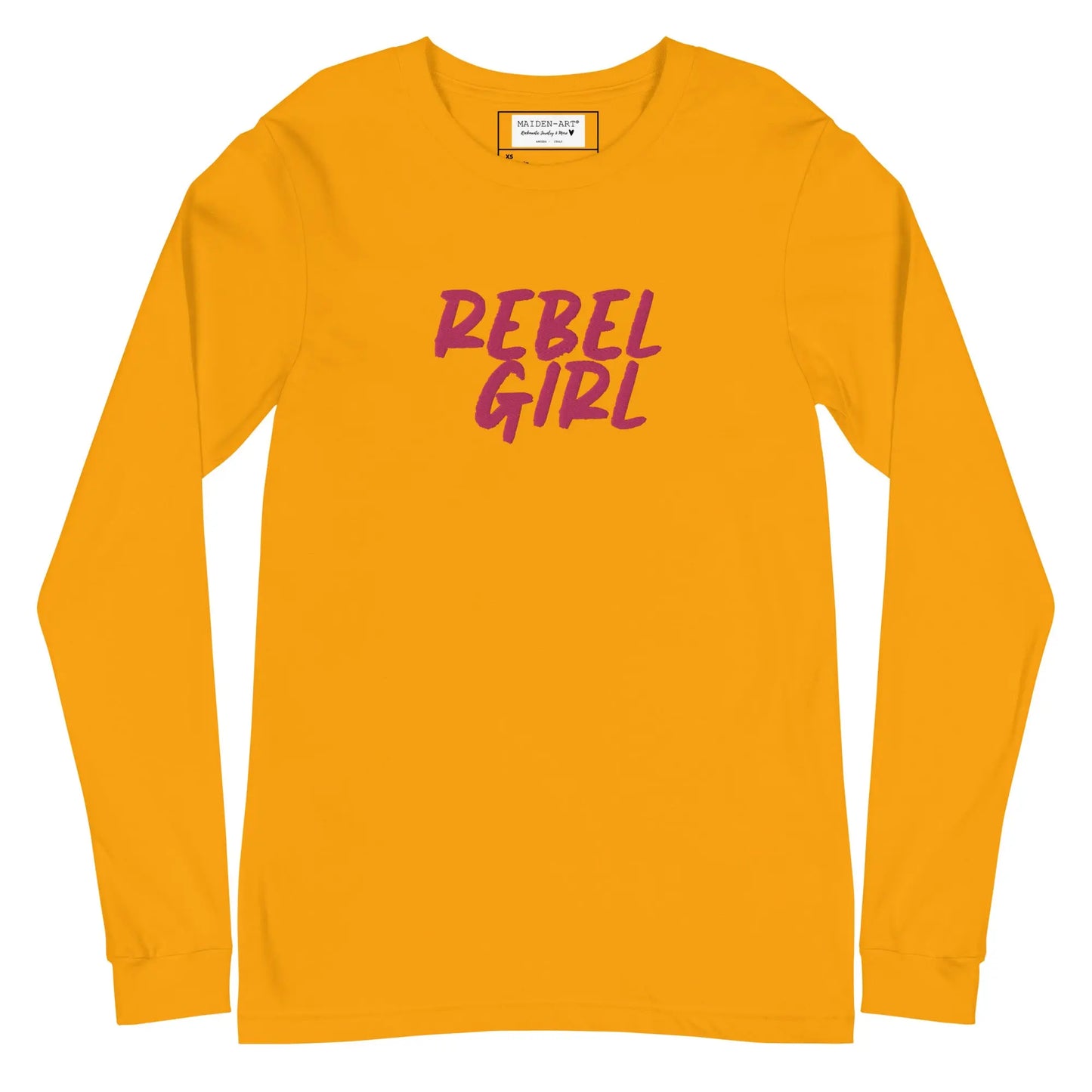 Yellow long-sleeve shirt with 'REBEL GIRL' text in pink on a white background