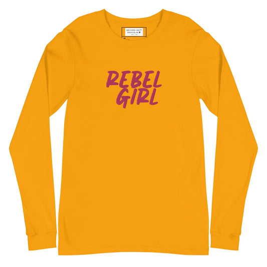 Yellow long-sleeve shirt with 'REBEL GIRL' text in pink on a white background